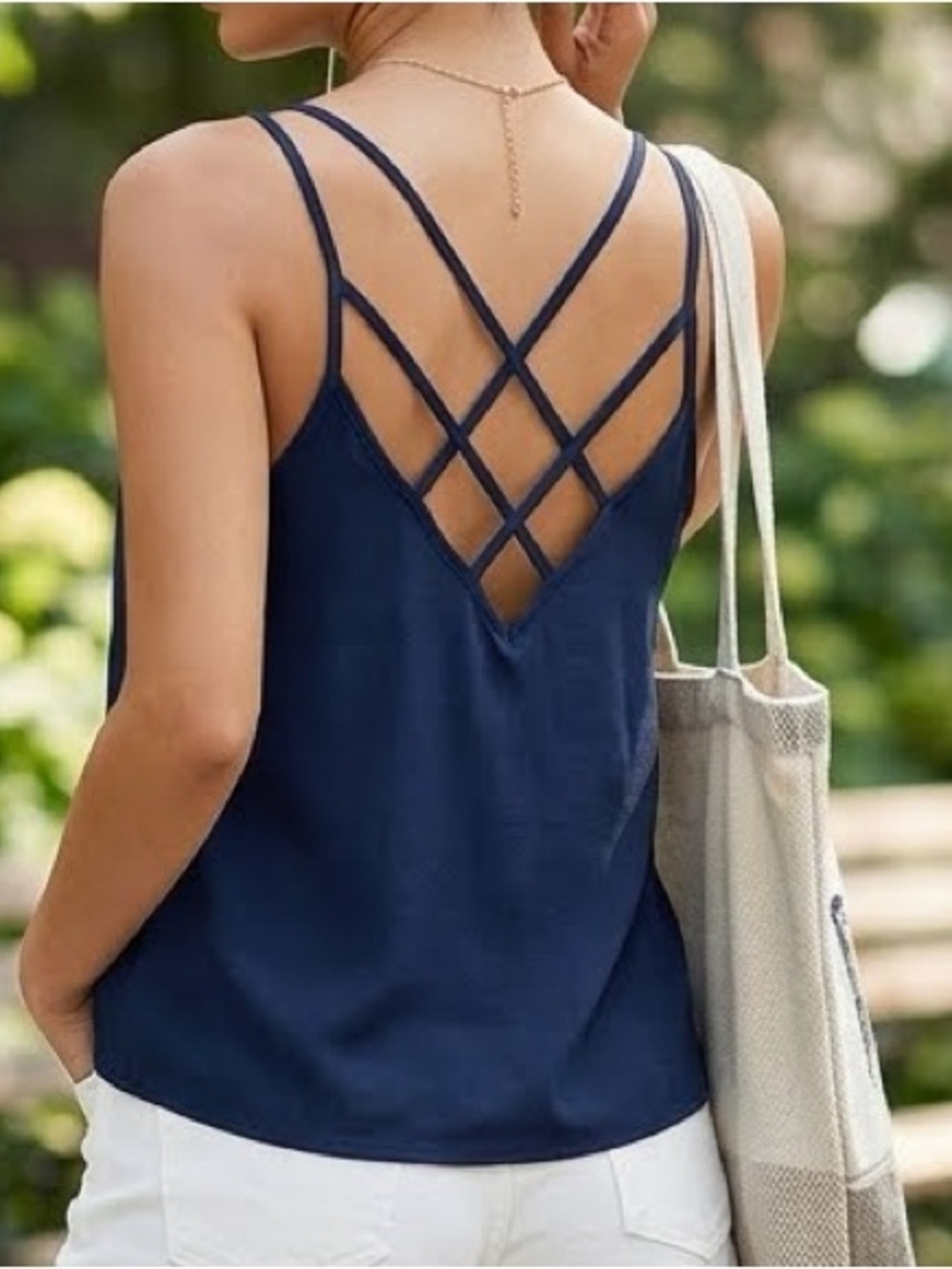 SHEIN Strappy V-Neck Cami Tank Top - Navy Small